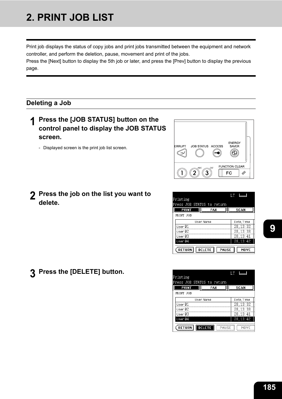 Print job list, Deleting a job | Toshiba E-STUDIO 3511 User Manual | Page 187 / 318