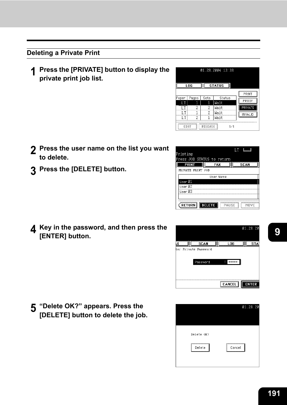 Deleting a private print | Toshiba E-STUDIO 3511 User Manual | Page 193 / 318