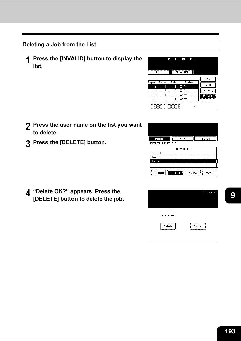 Deleting a job from the list | Toshiba E-STUDIO 3511 User Manual | Page 195 / 318