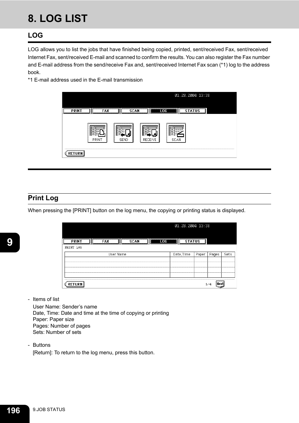 Log list, Print log | Toshiba E-STUDIO 3511 User Manual | Page 198 / 318