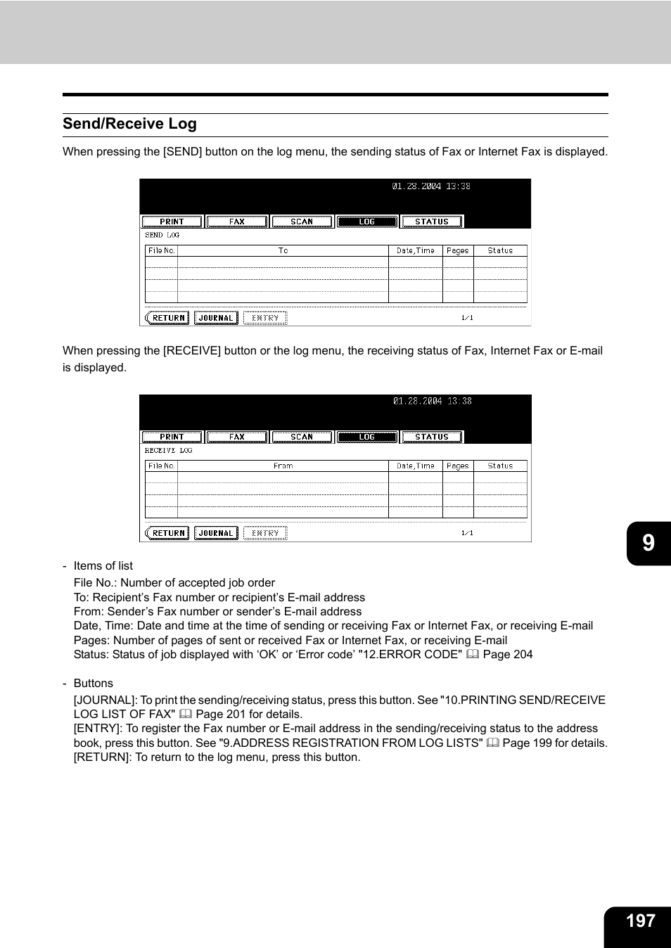 Send/receive log | Toshiba E-STUDIO 3511 User Manual | Page 199 / 318