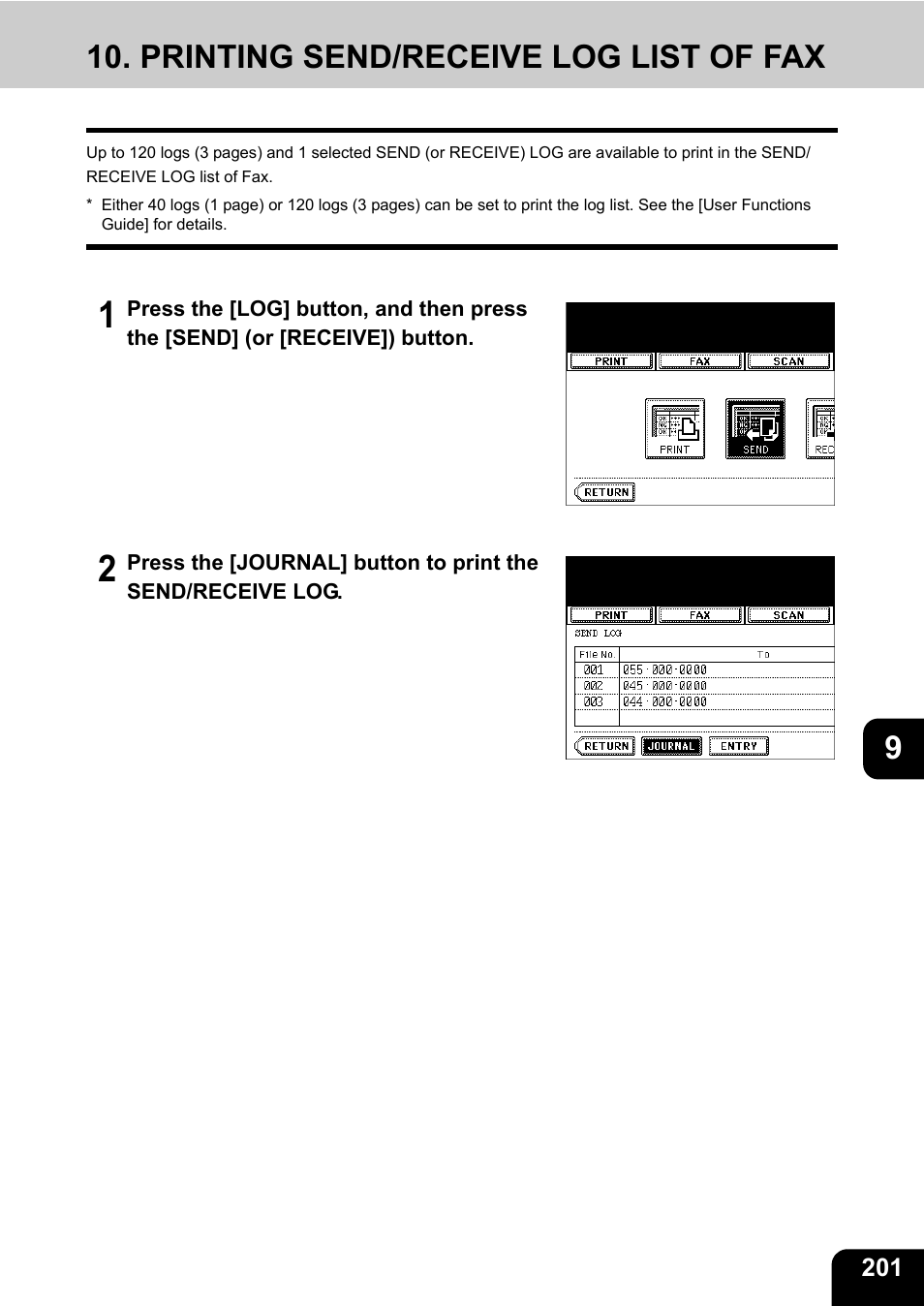 Printing send/receive log list of fax | Toshiba E-STUDIO 3511 User Manual | Page 203 / 318