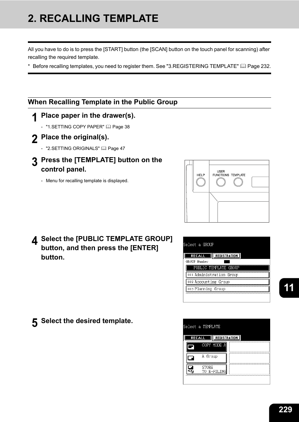 Recalling template, When recalling template in the public group, 11 2. recalling template | Toshiba E-STUDIO 3511 User Manual | Page 231 / 318