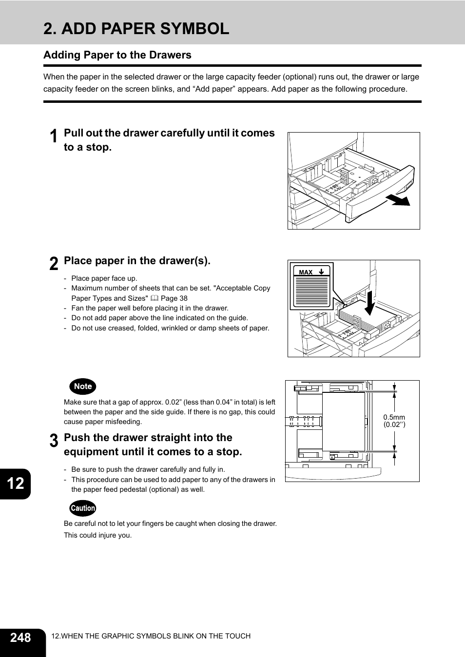 Add paper symbol, Adding paper to the drawers, 12 2. add paper symbol | Toshiba E-STUDIO 3511 User Manual | Page 250 / 318