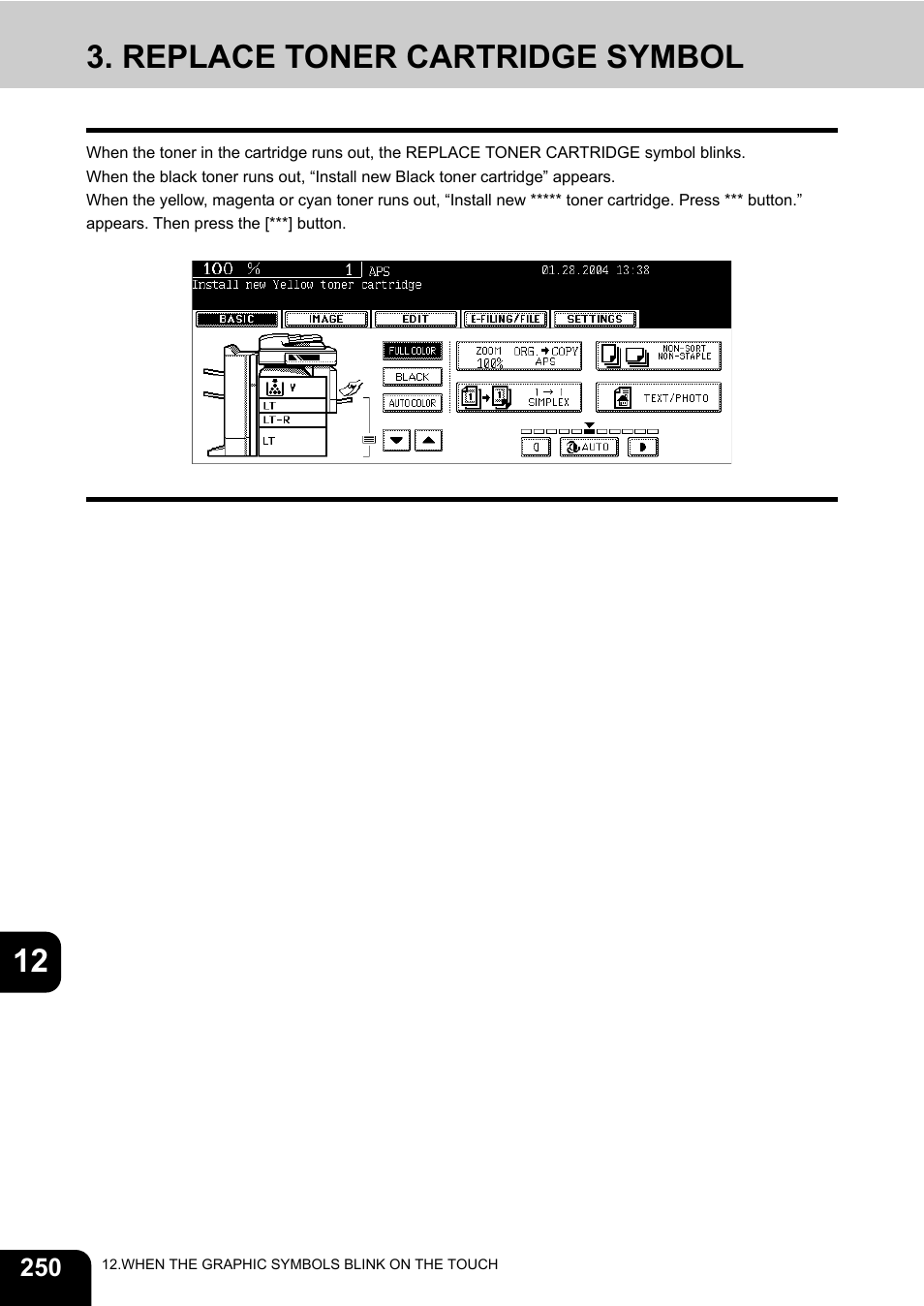 Replace toner cartridge symbol, 12 3. replace toner cartridge symbol | Toshiba E-STUDIO 3511 User Manual | Page 252 / 318