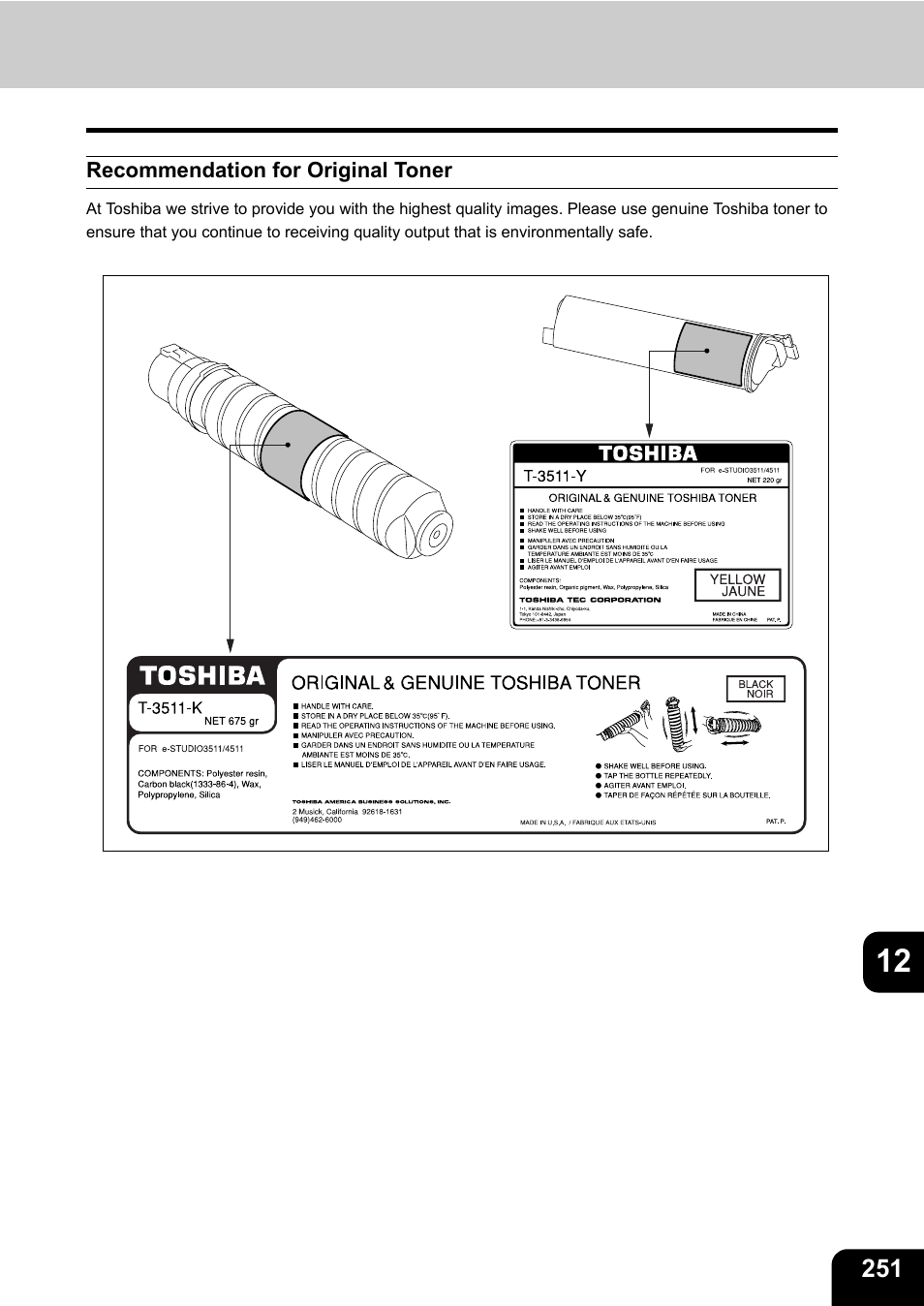 Recommendation for original toner | Toshiba E-STUDIO 3511 User Manual | Page 253 / 318