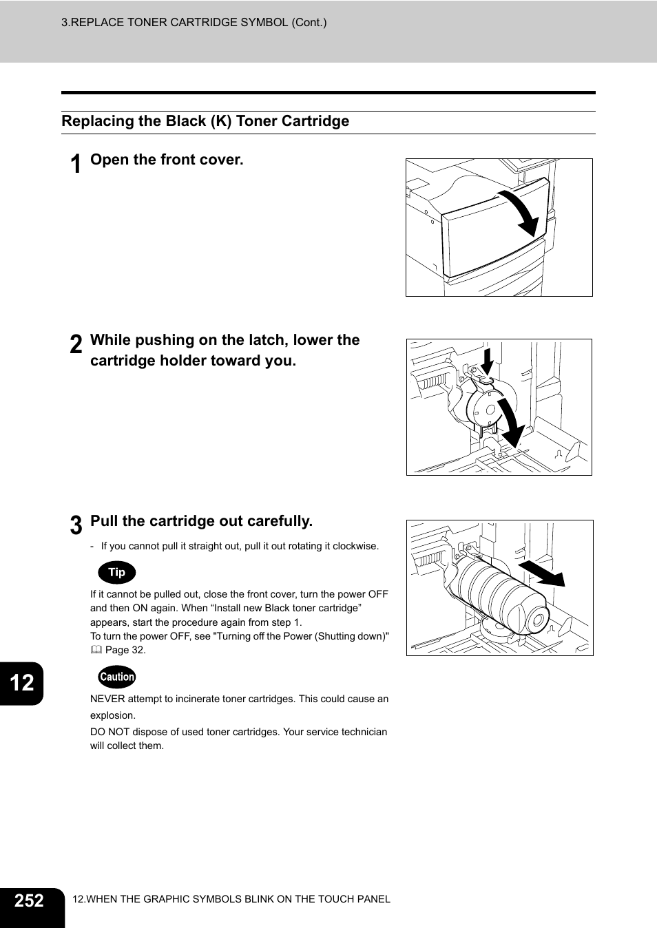 Replacing the black (k) toner cartridge | Toshiba E-STUDIO 3511 User Manual | Page 254 / 318
