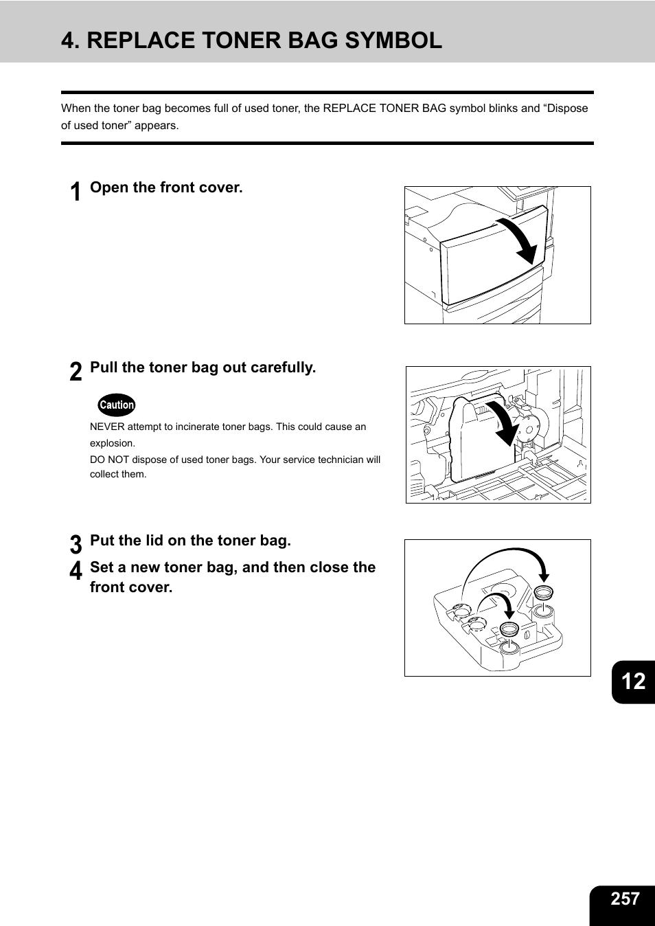 Replace toner bag symbol, 12 4. replace toner bag symbol | Toshiba E-STUDIO 3511 User Manual | Page 259 / 318