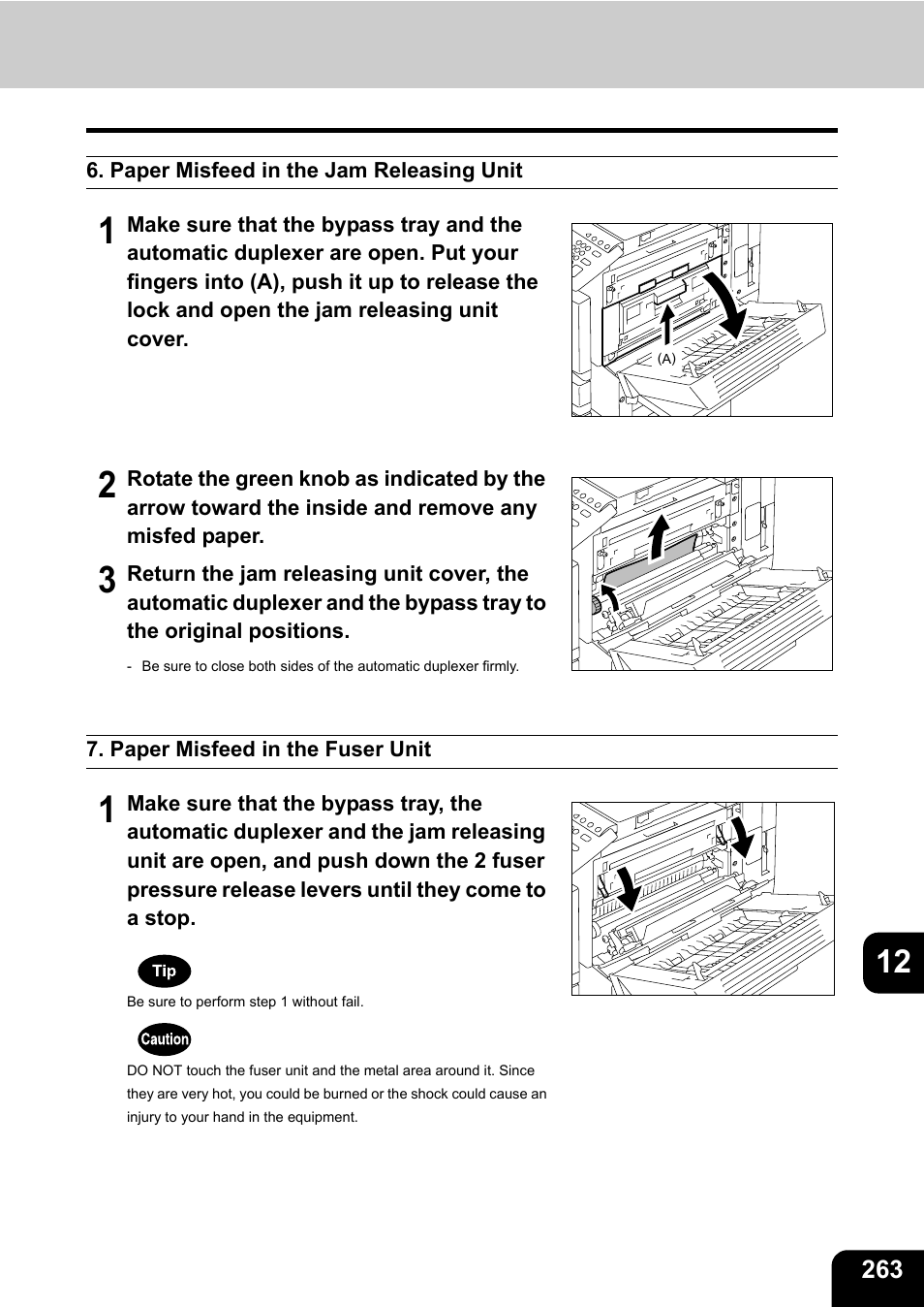 Paper misfeed in the jam releasing unit, Paper misfeed in the fuser unit | Toshiba E-STUDIO 3511 User Manual | Page 265 / 318