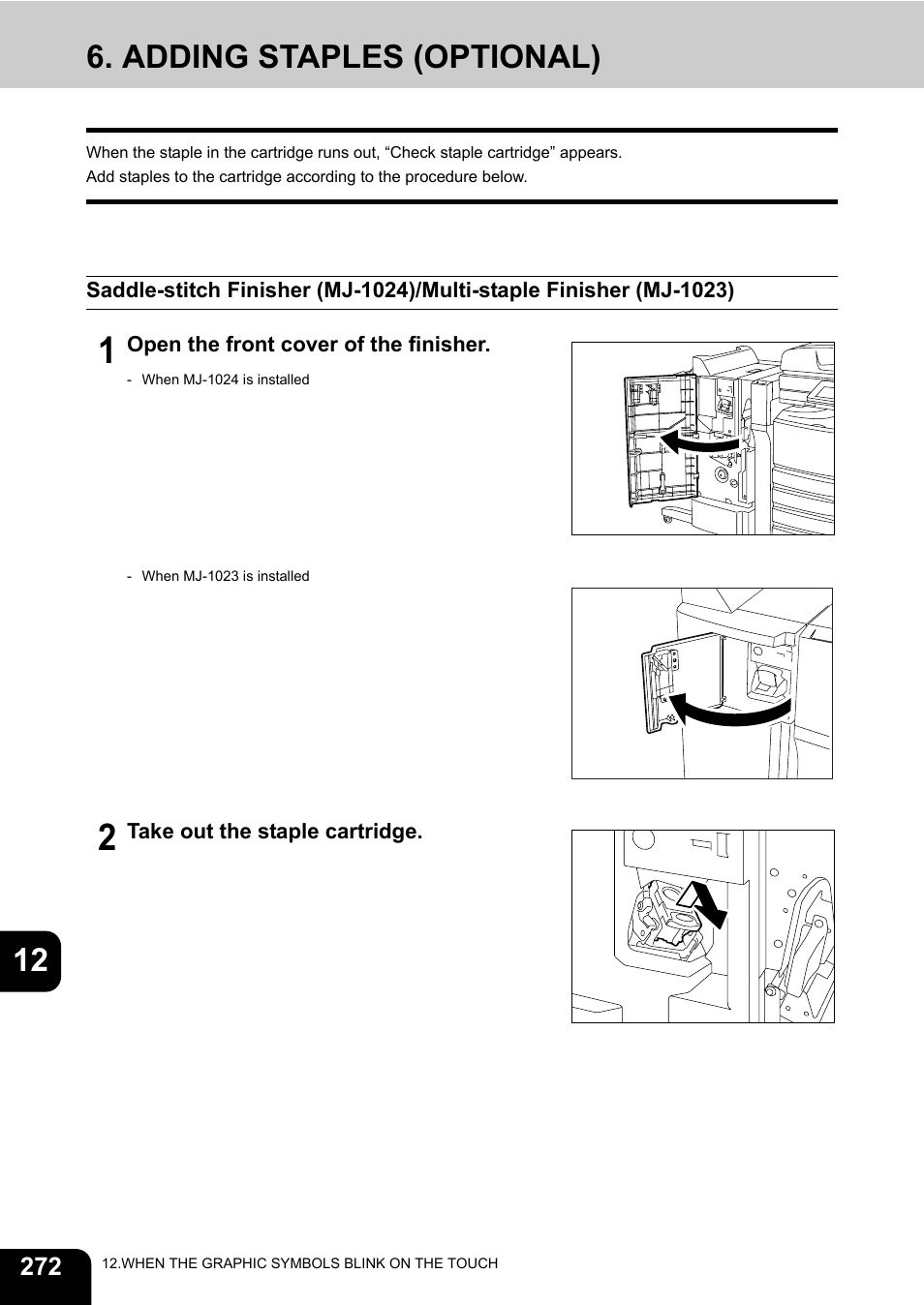 Adding staples (optional), 12 6. adding staples (optional) | Toshiba E-STUDIO 3511 User Manual | Page 274 / 318