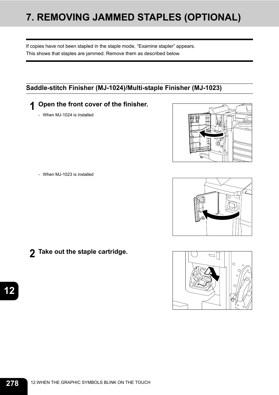 Removing jammed staples (optional), 12 7. removing jammed staples (optional) | Toshiba E-STUDIO 3511 User Manual | Page 280 / 318