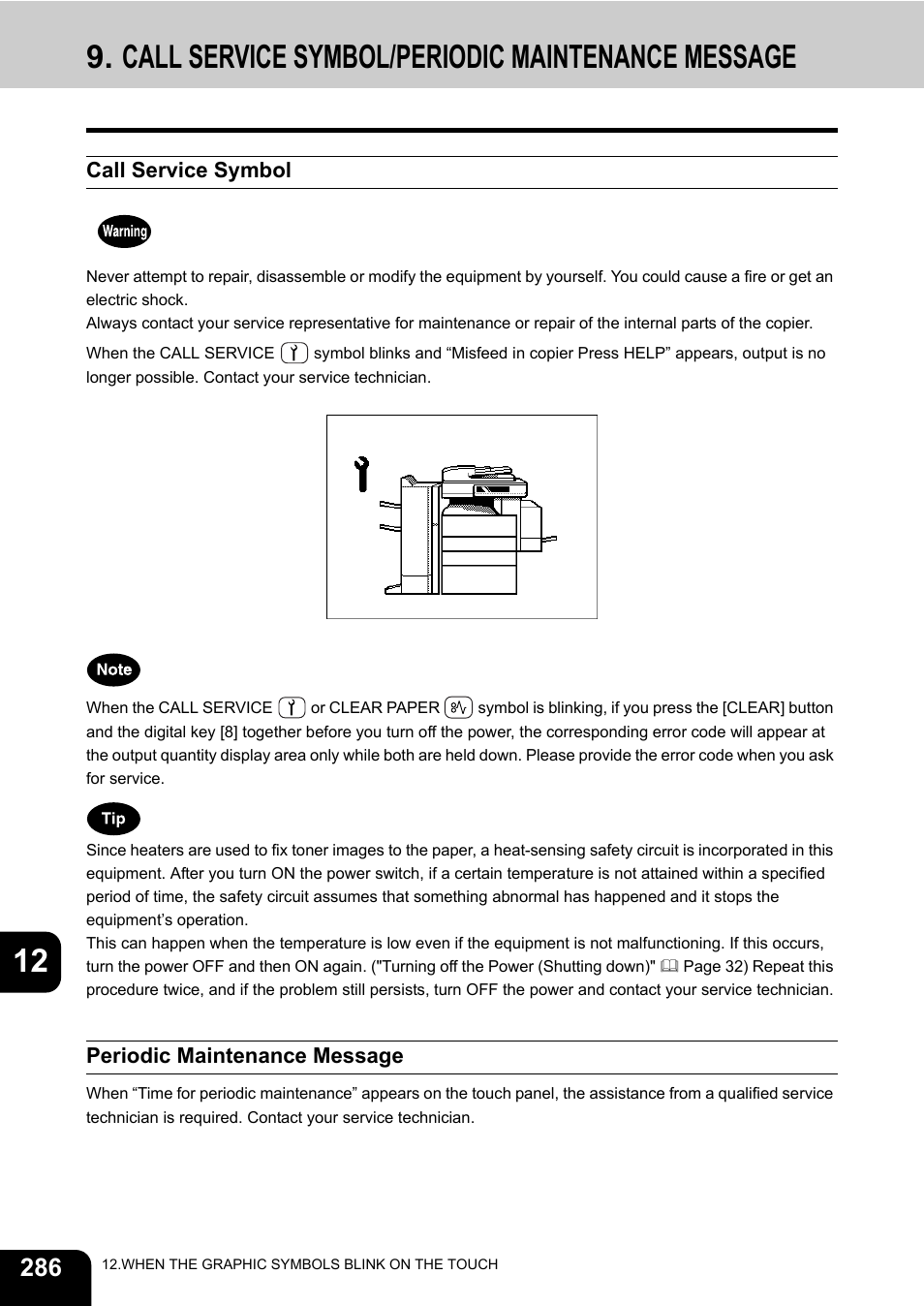 Call service symbol/periodic maintenance message, Call service symbol, Periodic maintenance message | Toshiba E-STUDIO 3511 User Manual | Page 288 / 318