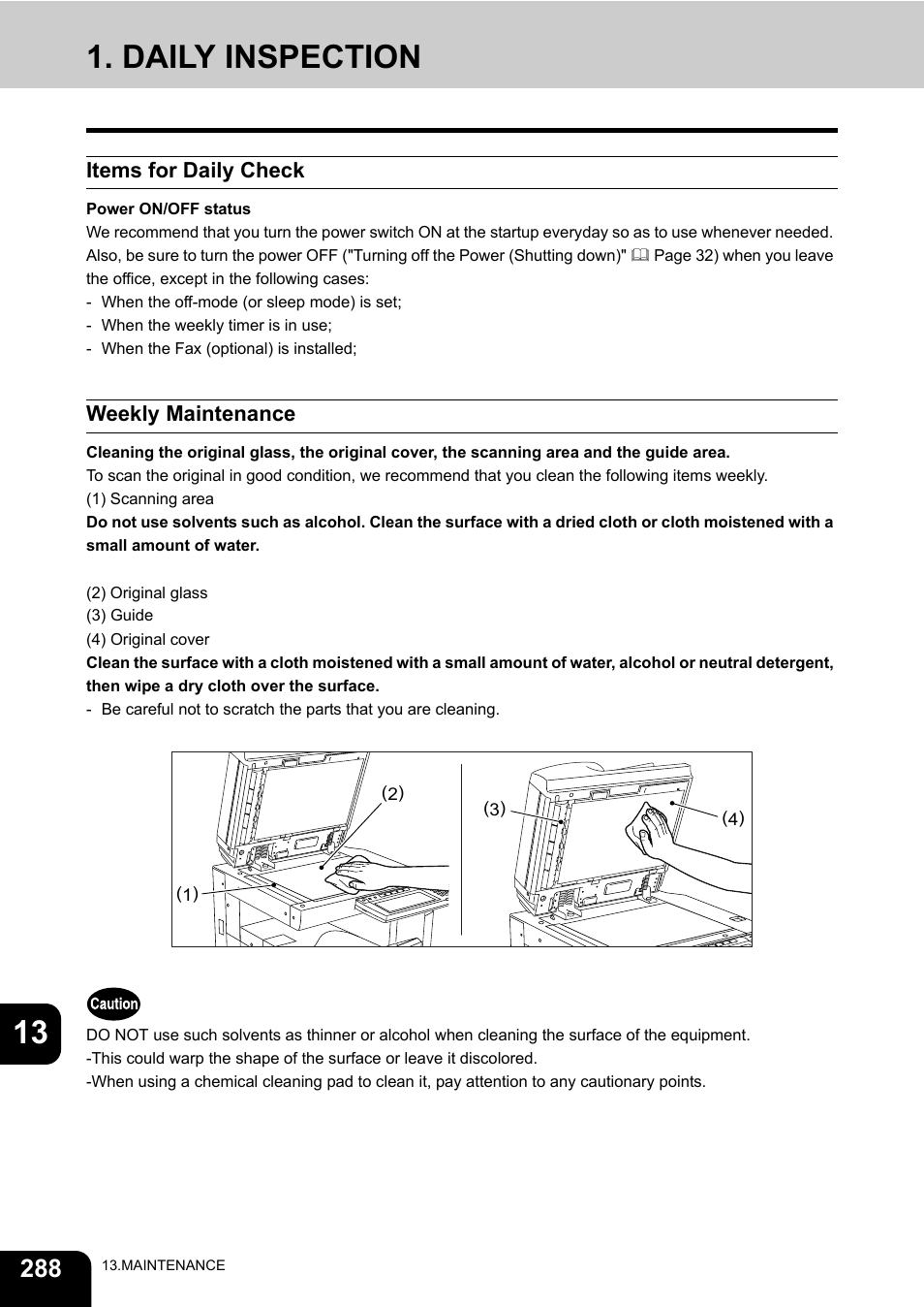 Daily inspection, Items for daily check, Weekly maintenance | 13 1. daily inspection | Toshiba E-STUDIO 3511 User Manual | Page 290 / 318