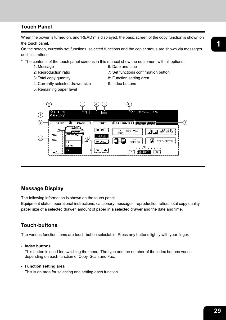 Touch panel, Message display, Touch-buttons | Toshiba E-STUDIO 3511 User Manual | Page 31 / 318