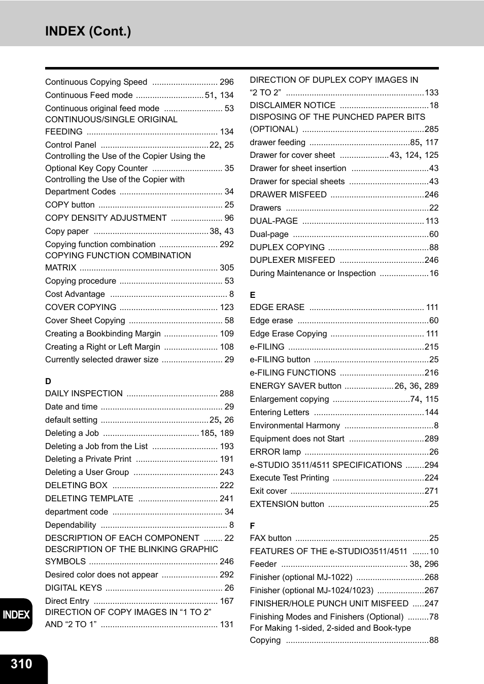 Index (cont.), Index | Toshiba E-STUDIO 3511 User Manual | Page 312 / 318