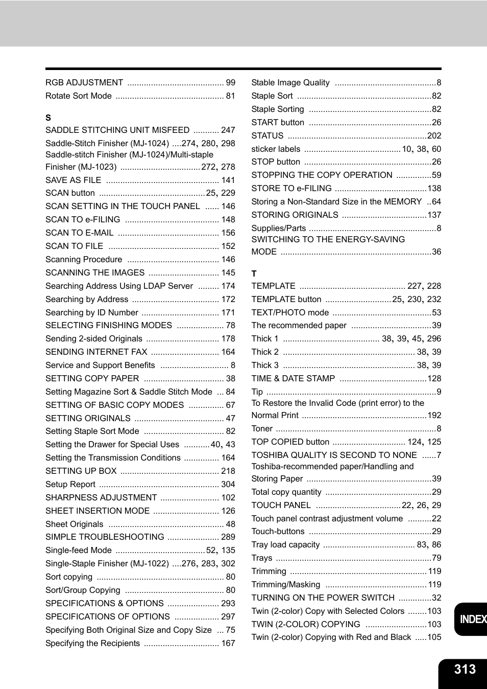 Index | Toshiba E-STUDIO 3511 User Manual | Page 315 / 318