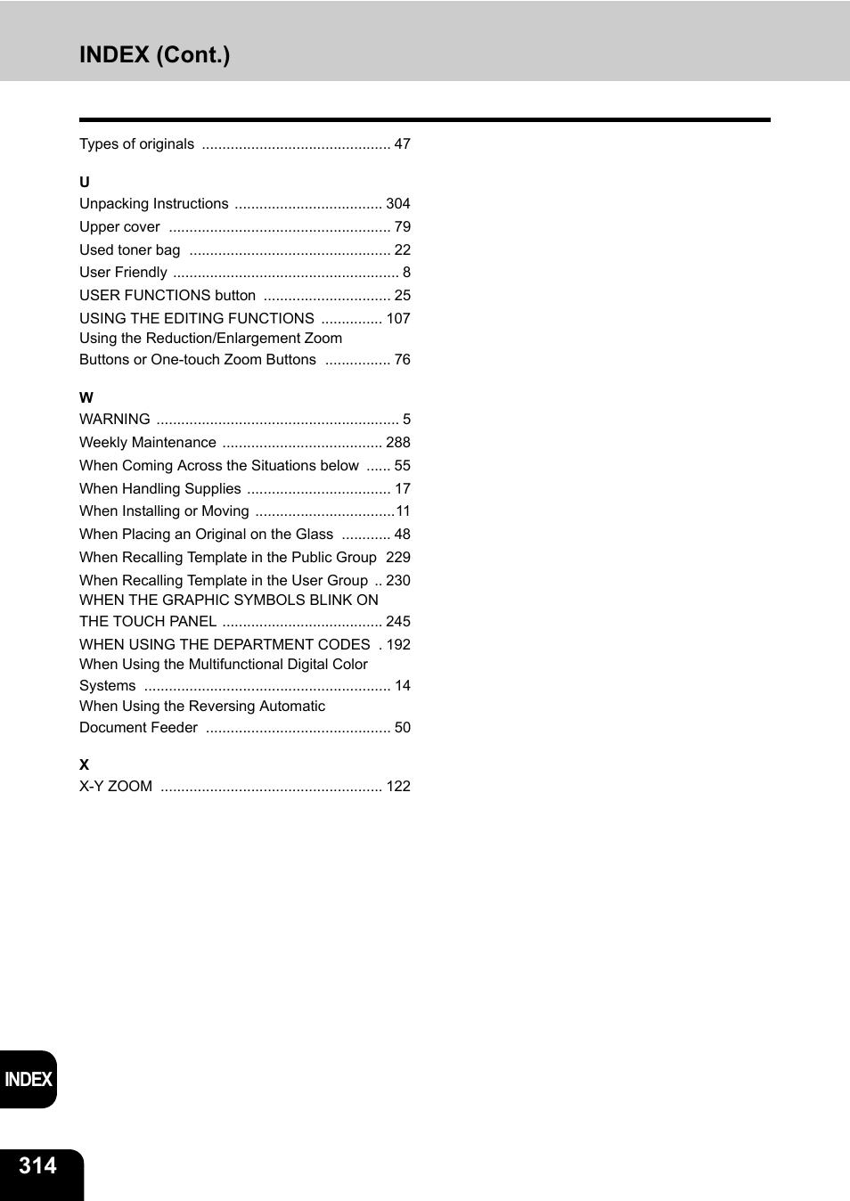 Index (cont.), Index | Toshiba E-STUDIO 3511 User Manual | Page 316 / 318