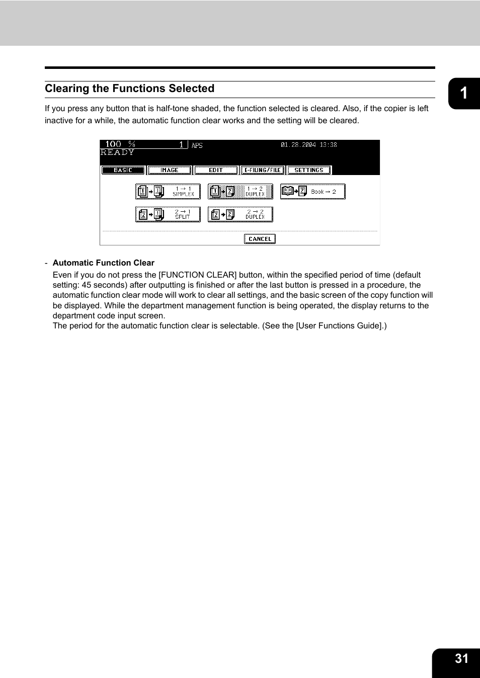 Clearing the functions selected | Toshiba E-STUDIO 3511 User Manual | Page 33 / 318