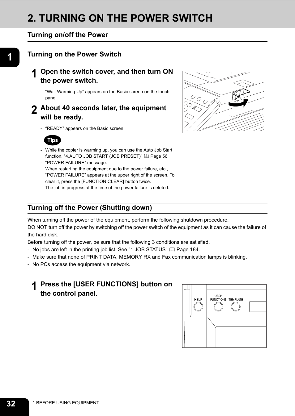 Turning on the power switch, Turning on/off the power, Turning off the power (shutting down) | Toshiba E-STUDIO 3511 User Manual | Page 34 / 318