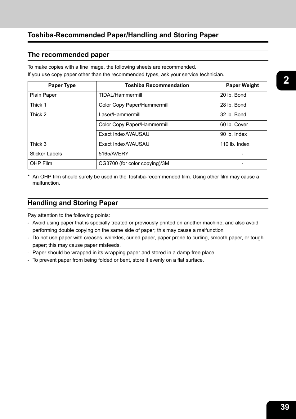 The recommended paper, Handling and storing paper | Toshiba E-STUDIO 3511 User Manual | Page 41 / 318