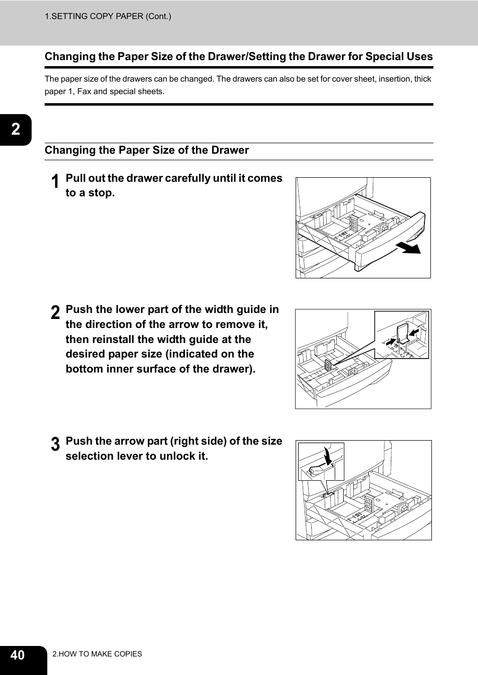 Changing the paper size of the drawer | Toshiba E-STUDIO 3511 User Manual | Page 42 / 318