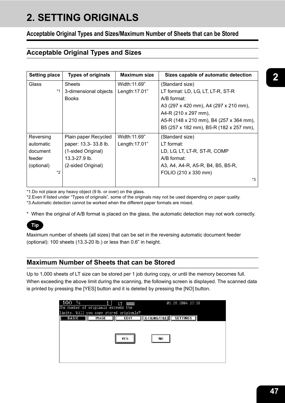 Setting originals, Acceptable original types and sizes, Maximum number of sheets that can be stored | Toshiba E-STUDIO 3511 User Manual | Page 49 / 318