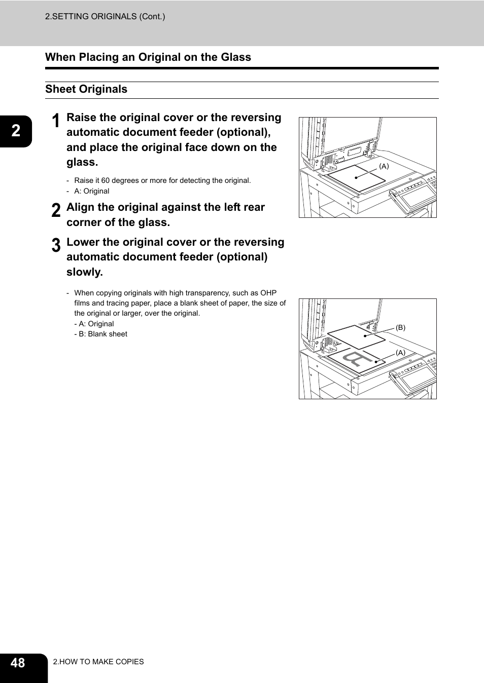 When placing an original on the glass, Sheet originals | Toshiba E-STUDIO 3511 User Manual | Page 50 / 318