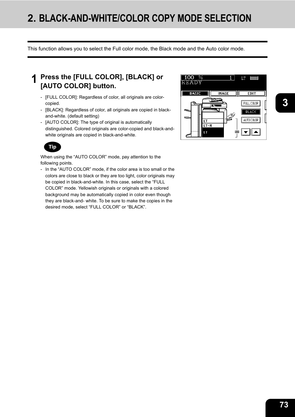 Black-and-white/color copy mode selection | Toshiba E-STUDIO 3511 User Manual | Page 75 / 318