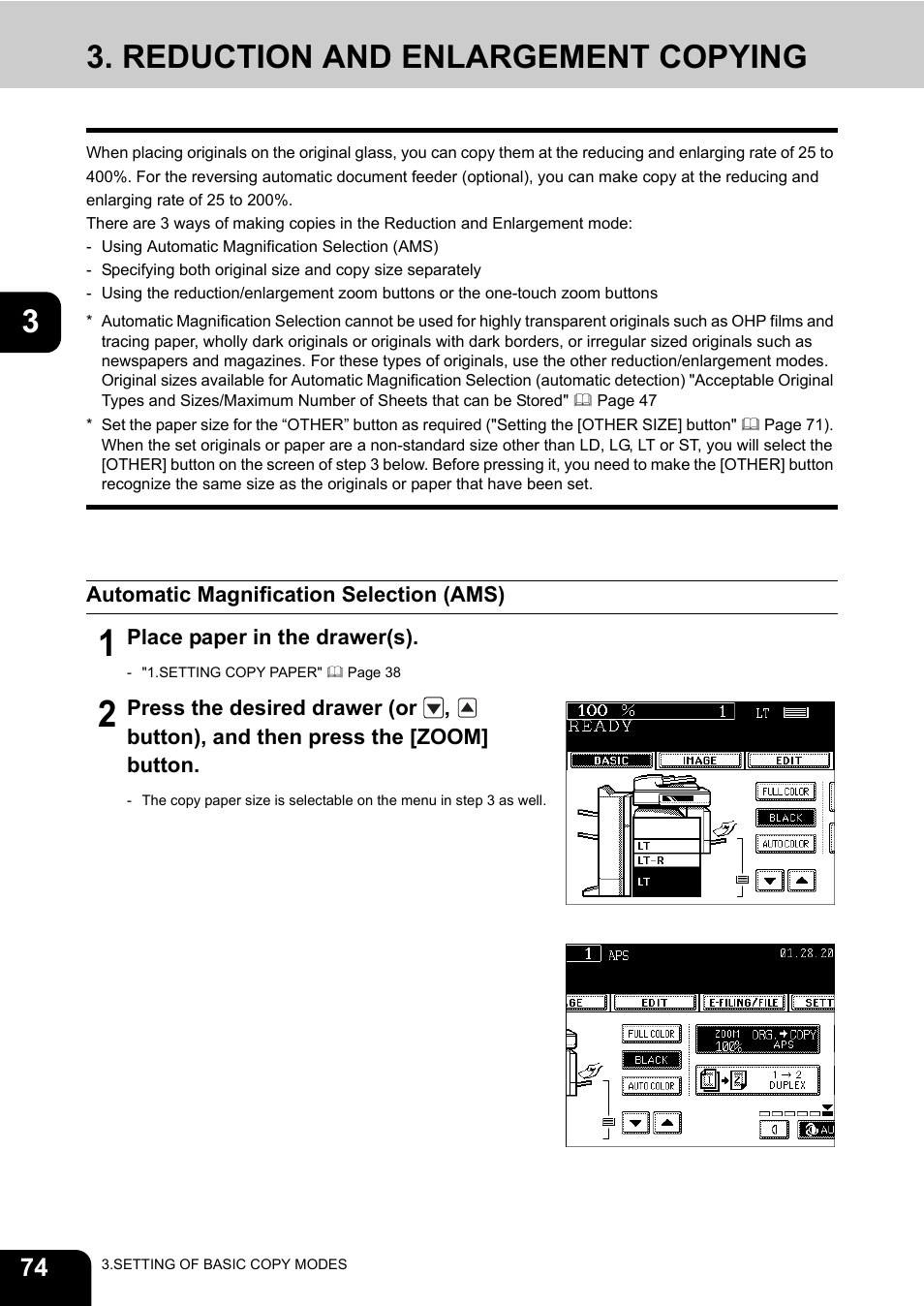 Reduction and enlargement copying, Automatic magnification selection (ams) | Toshiba E-STUDIO 3511 User Manual | Page 76 / 318