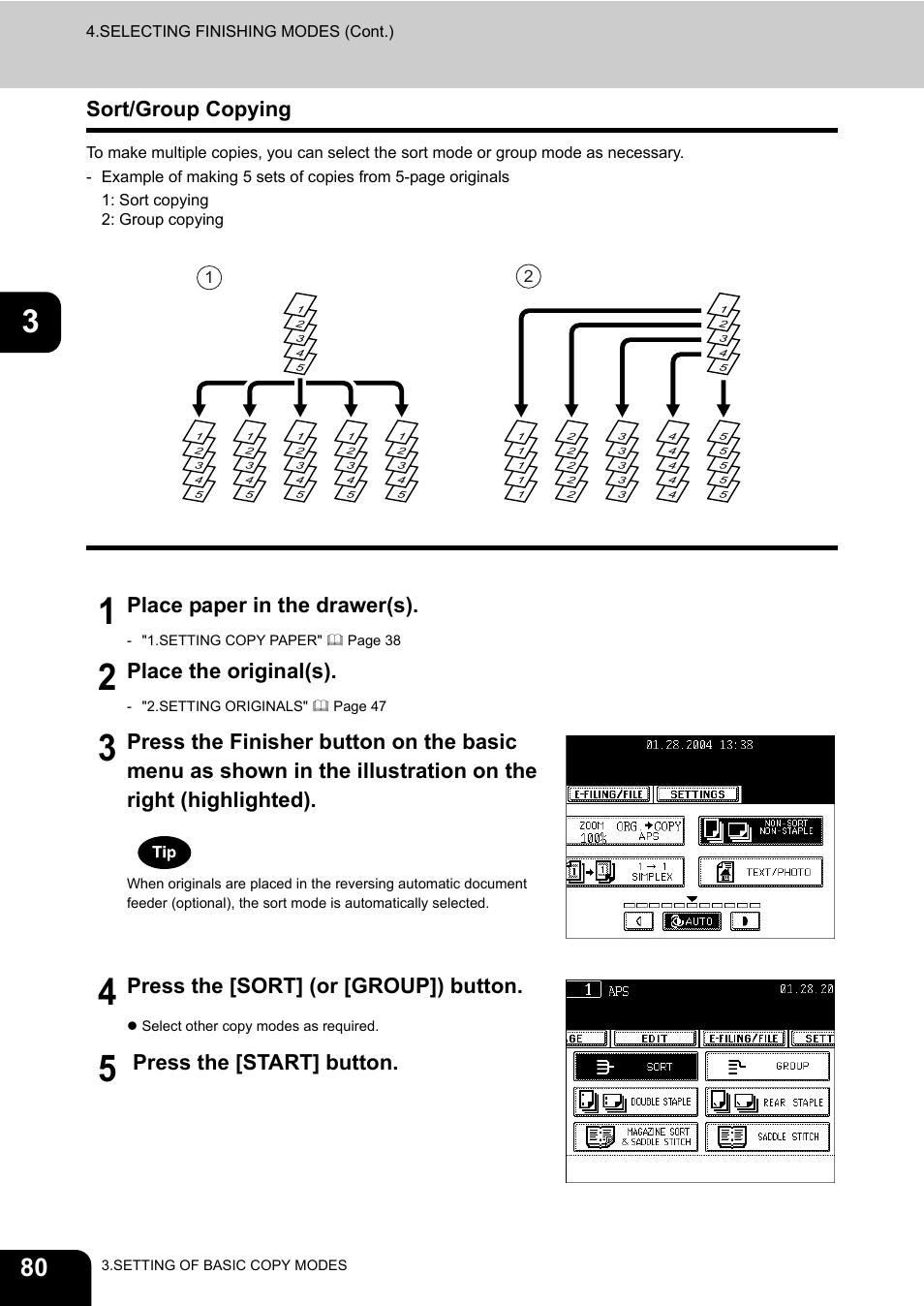 Sort/group copying, Place paper in the drawer(s), Place the original(s) | Press the [sort] (or [group]) button, Press the [start] button | Toshiba E-STUDIO 3511 User Manual | Page 82 / 318