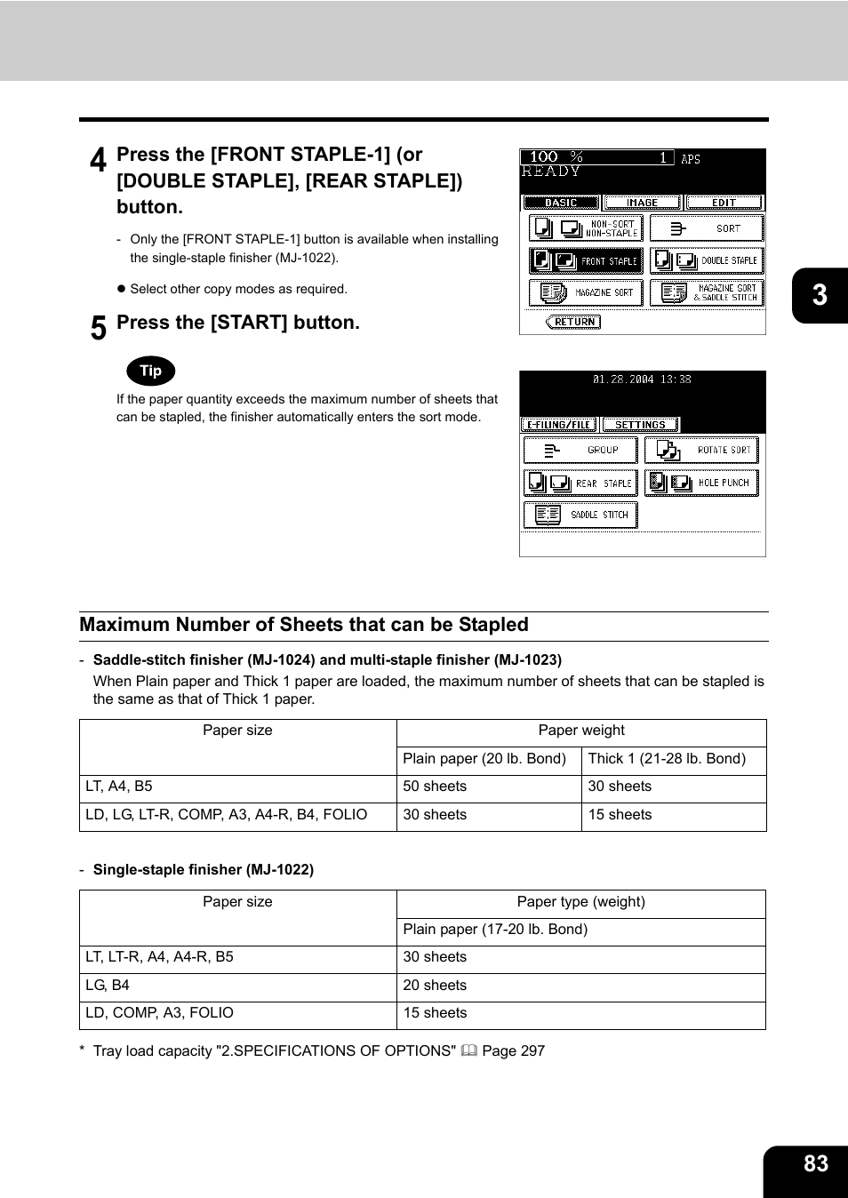 Maximum number of sheets that can be stapled, Press the [start] button | Toshiba E-STUDIO 3511 User Manual | Page 85 / 318