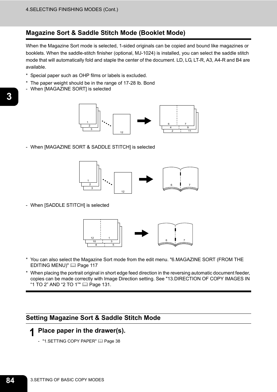 Magazine sort & saddle stitch mode (booklet mode), Setting magazine sort & saddle stitch mode, Place paper in the drawer(s) | Toshiba E-STUDIO 3511 User Manual | Page 86 / 318