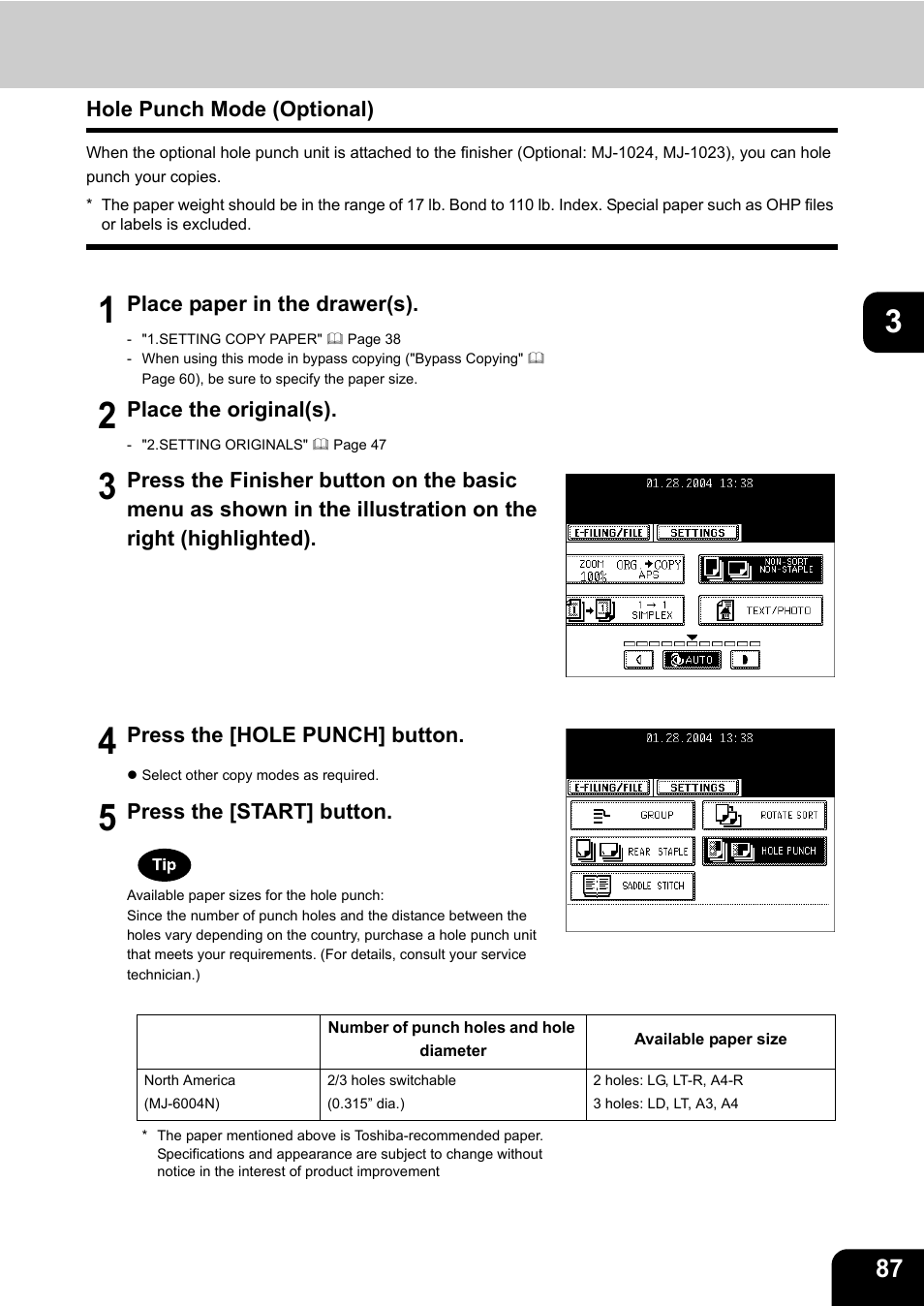 Hole punch mode (optional) | Toshiba E-STUDIO 3511 User Manual | Page 89 / 318