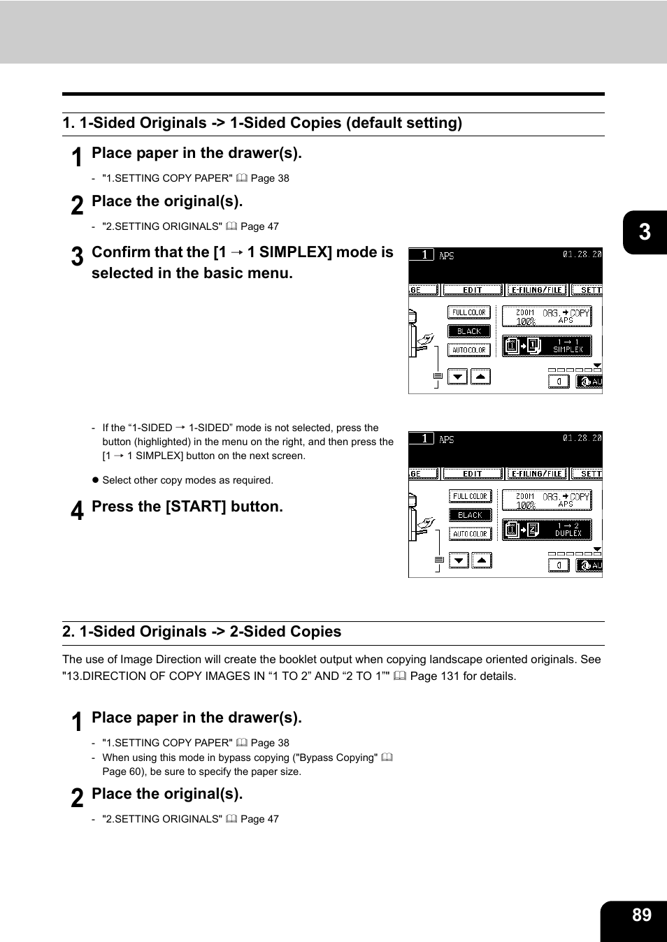 1-sided originals -> 2-sided copies | Toshiba E-STUDIO 3511 User Manual | Page 91 / 318