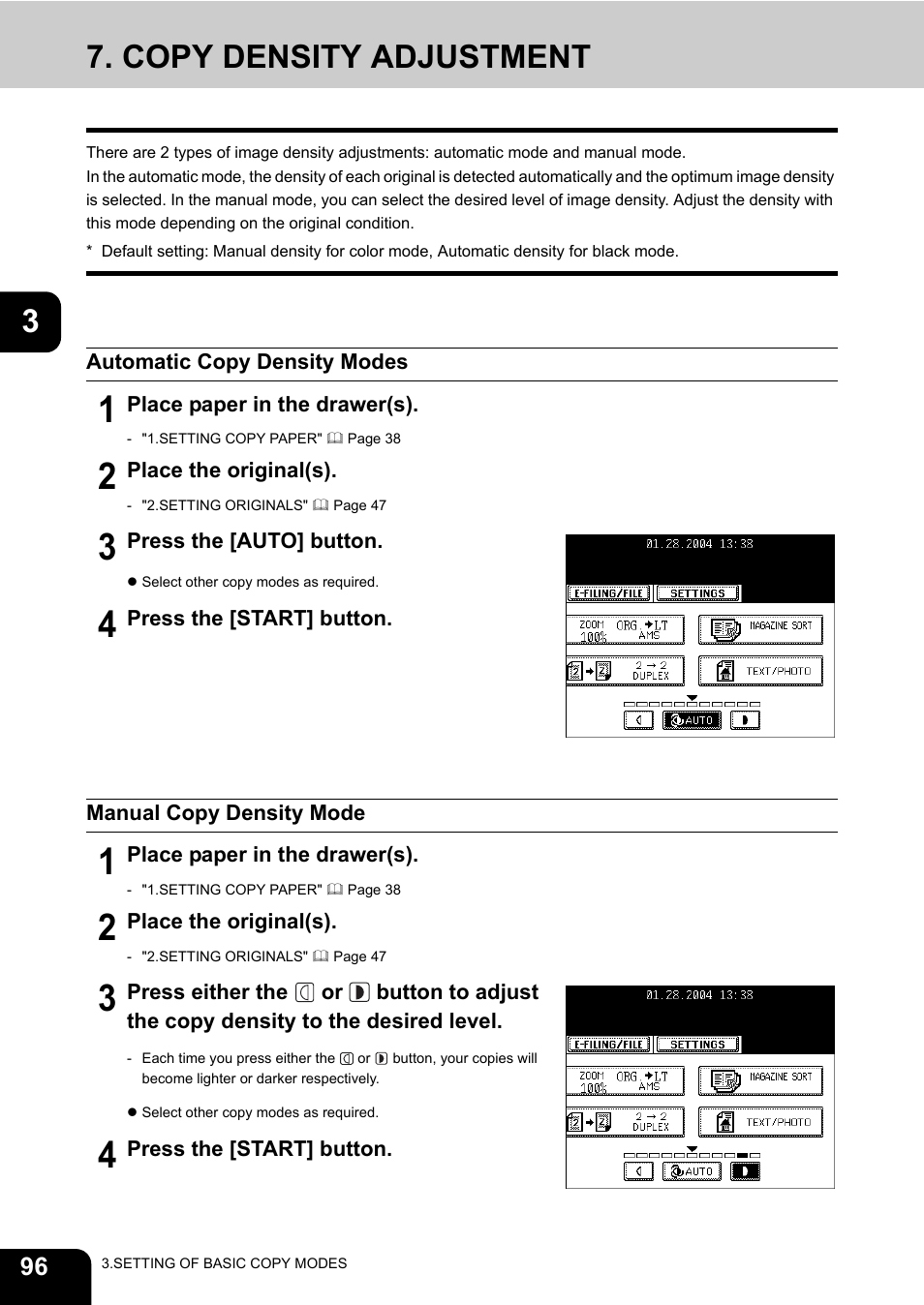 Copy density adjustment, Automatic copy density modes, Manual copy density mode | Toshiba E-STUDIO 3511 User Manual | Page 98 / 318