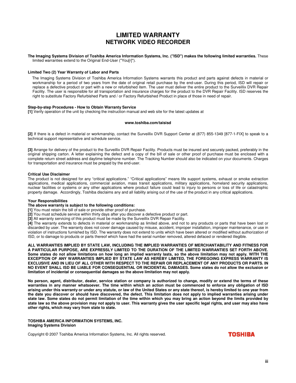 Limited warranty, Network video recorder | Toshiba IPR16-X User Manual | Page 3 / 111