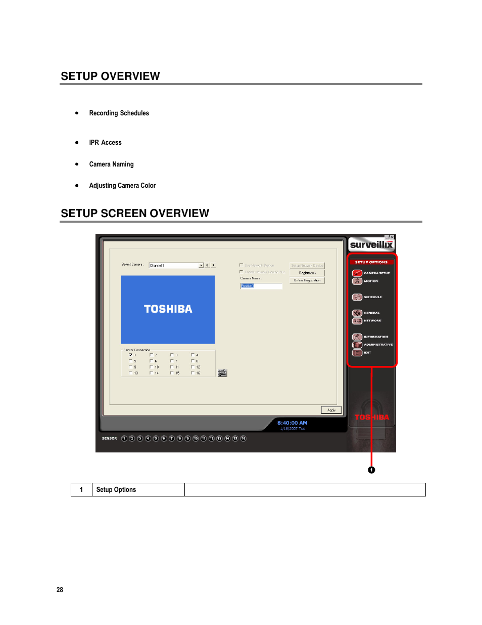 Setup overview, Setup screen overview | Toshiba IPR16-X User Manual | Page 44 / 111