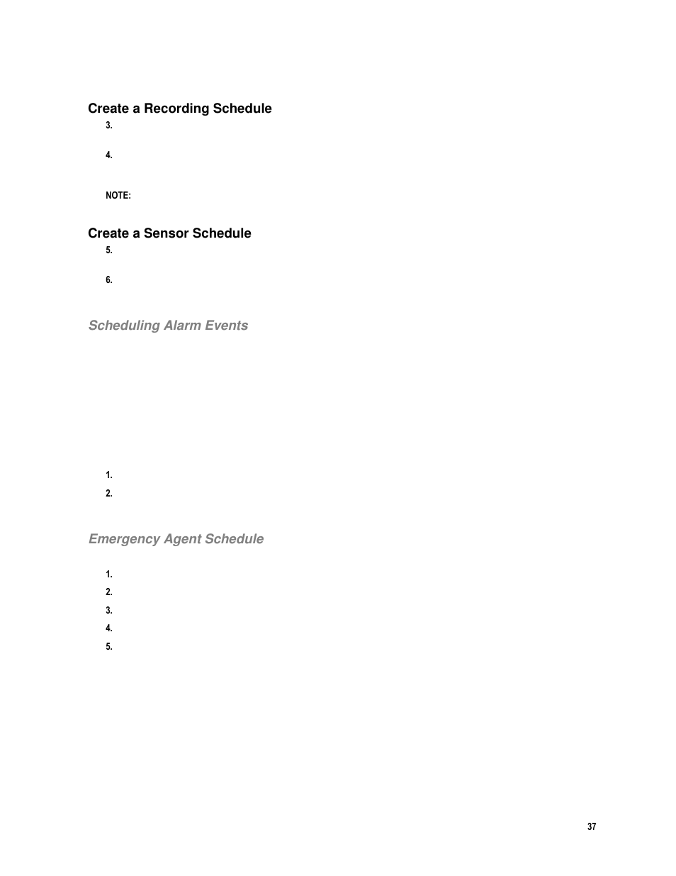 Create a recording schedule, Create a sensor schedule, Scheduling alarm events | Emergency agent schedule | Toshiba IPR16-X User Manual | Page 53 / 111