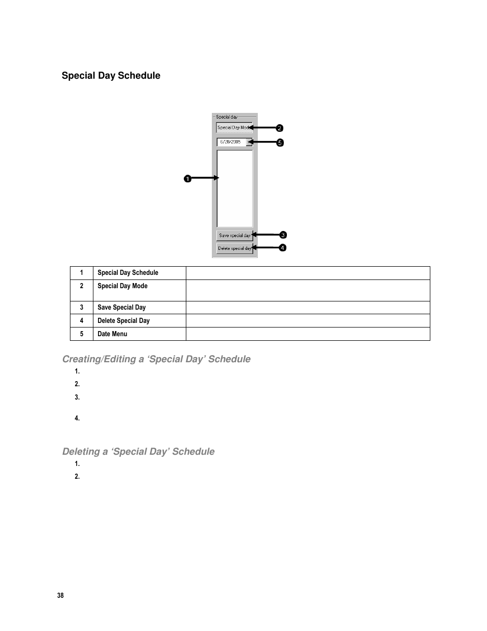 Special day schedule, Creating/editing a ‘special day’ schedule, Deleting a ‘special day’ schedule | Toshiba IPR16-X User Manual | Page 54 / 111