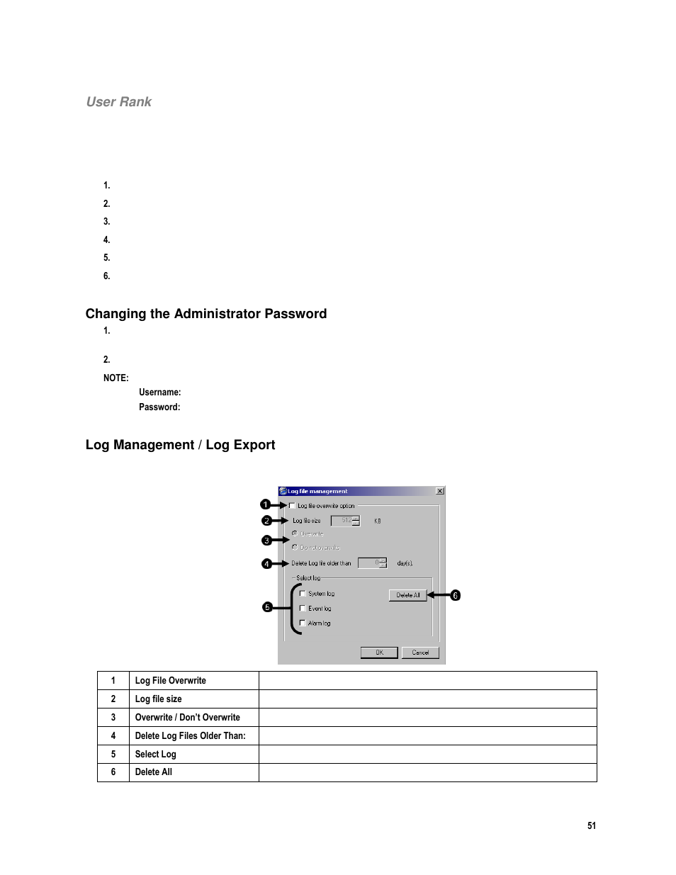 User rank, Changing the administrator password, Log management / log export | Toshiba IPR16-X User Manual | Page 67 / 111