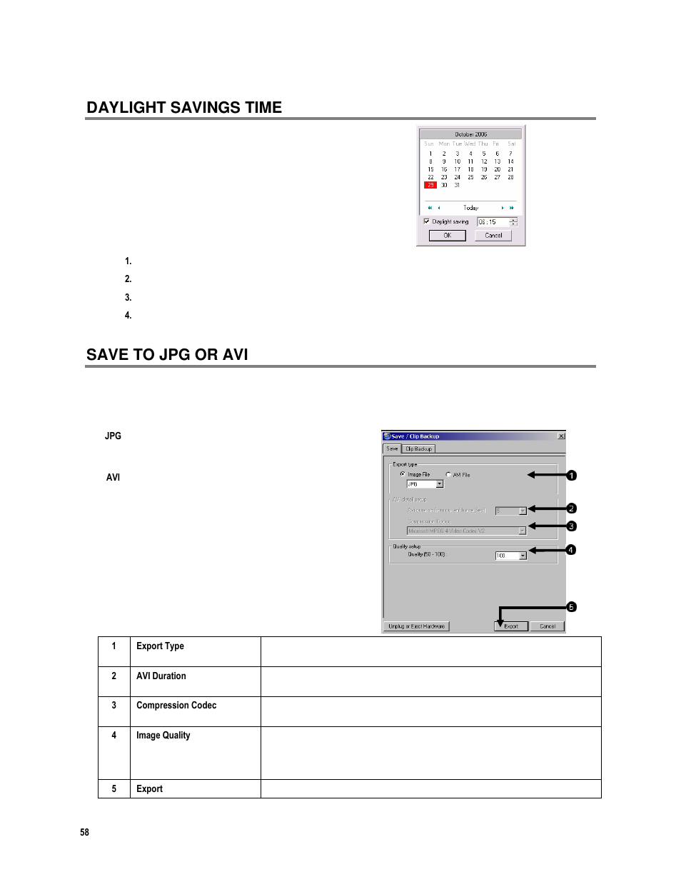 Daylight savings time, Save to jpg or avi | Toshiba IPR16-X User Manual | Page 74 / 111