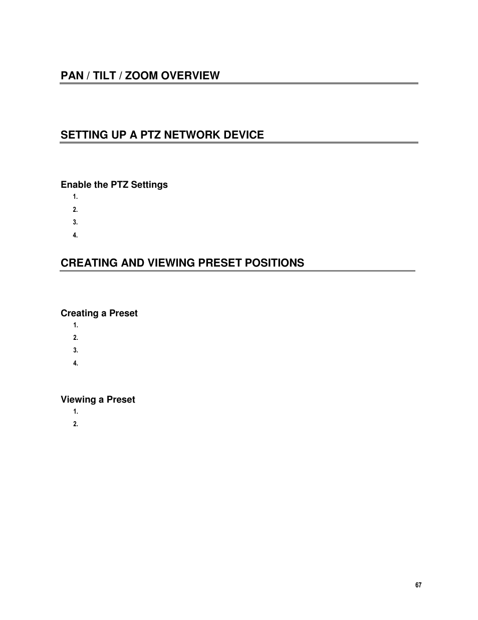 Pan / tilt / zoom overview, Setting up a ptz network device, Creating and viewing preset positions | Enable the ptz settings, Creating a preset, Viewing a preset | Toshiba IPR16-X User Manual | Page 83 / 111