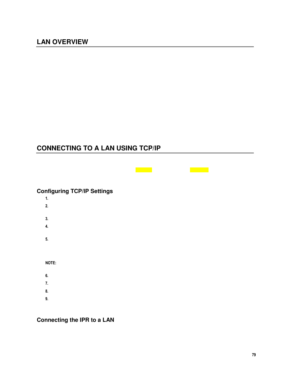 Lan overview, Connecting to a lan using tcp/ip, Configuring tcp/ip settings | Connecting the ipr to a lan | Toshiba IPR16-X User Manual | Page 95 / 111