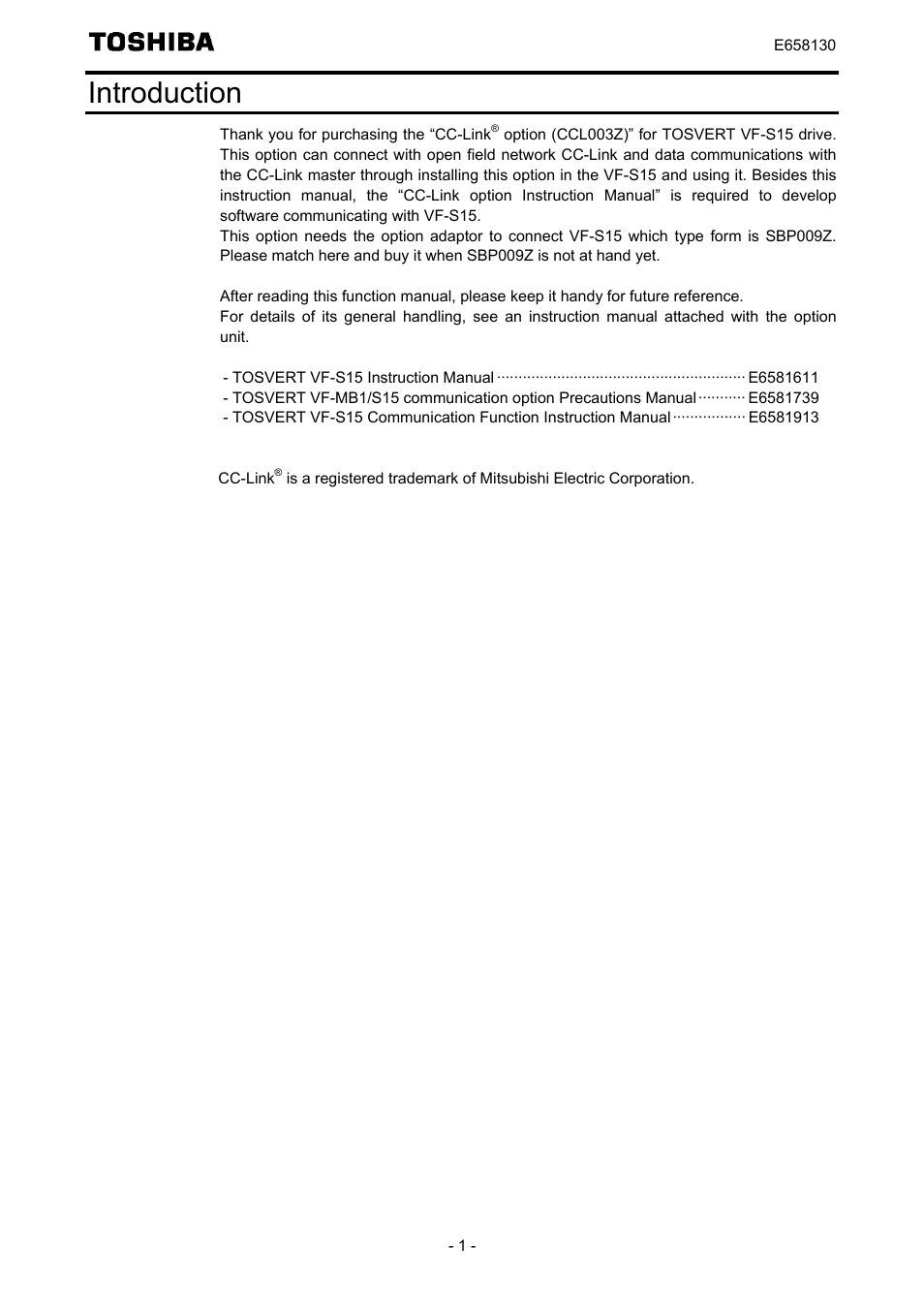Introduction | Toshiba TOSVERT VF-S15 series option unit Function E6581830 User Manual | Page 2 / 51