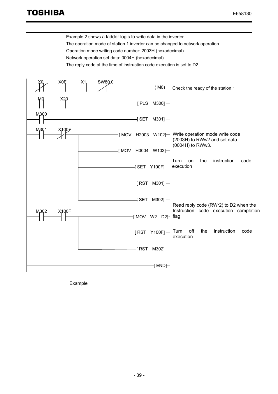 Program example for setting the operation mode | Toshiba TOSVERT VF-S15 series option unit Function E6581830 User Manual | Page 40 / 51