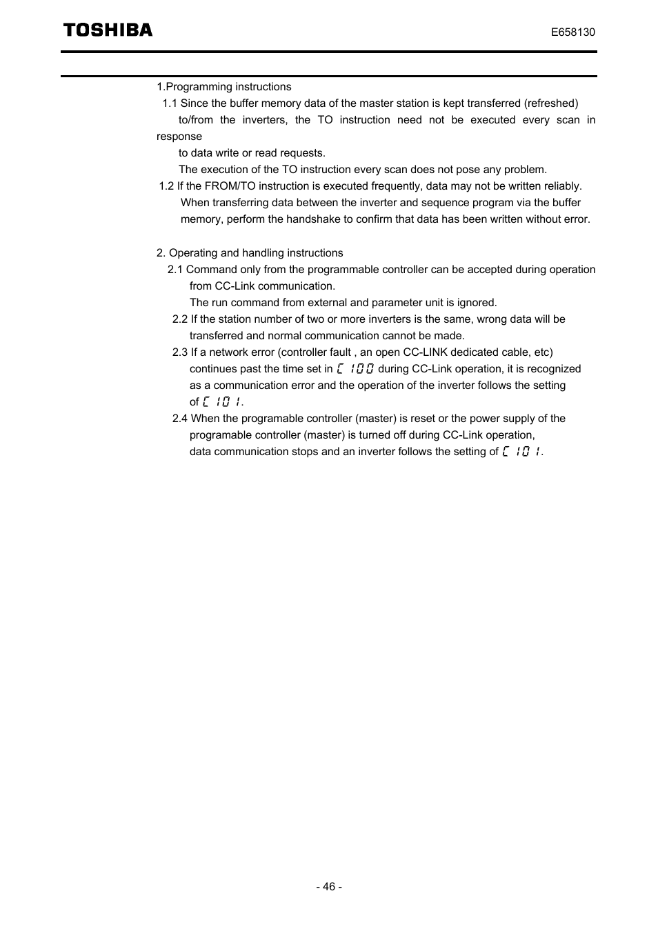 Instructions | Toshiba TOSVERT VF-S15 series option unit Function E6581830 User Manual | Page 47 / 51