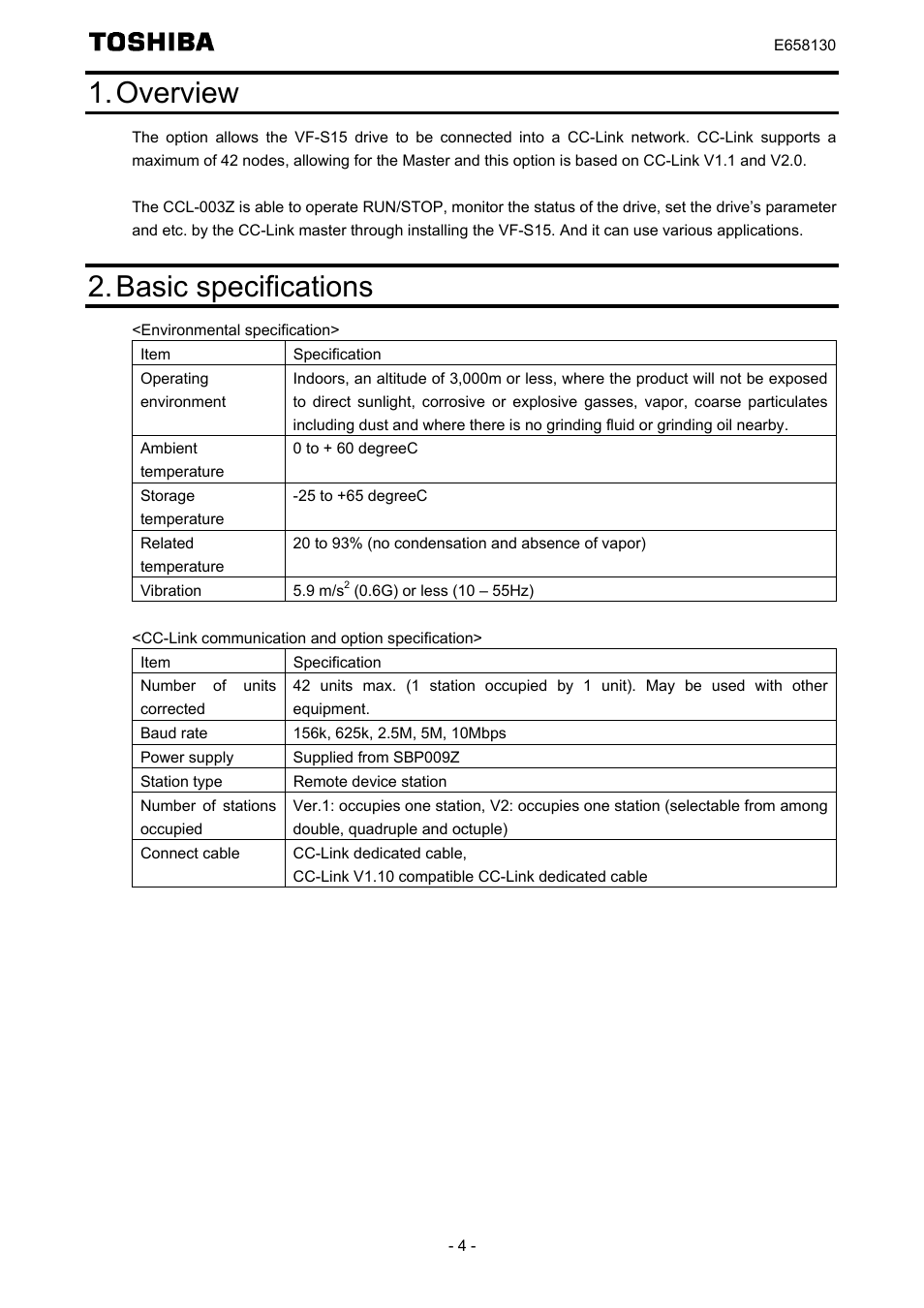 Overview, Basic specifications | Toshiba TOSVERT VF-S15 series option unit Function E6581830 User Manual | Page 5 / 51