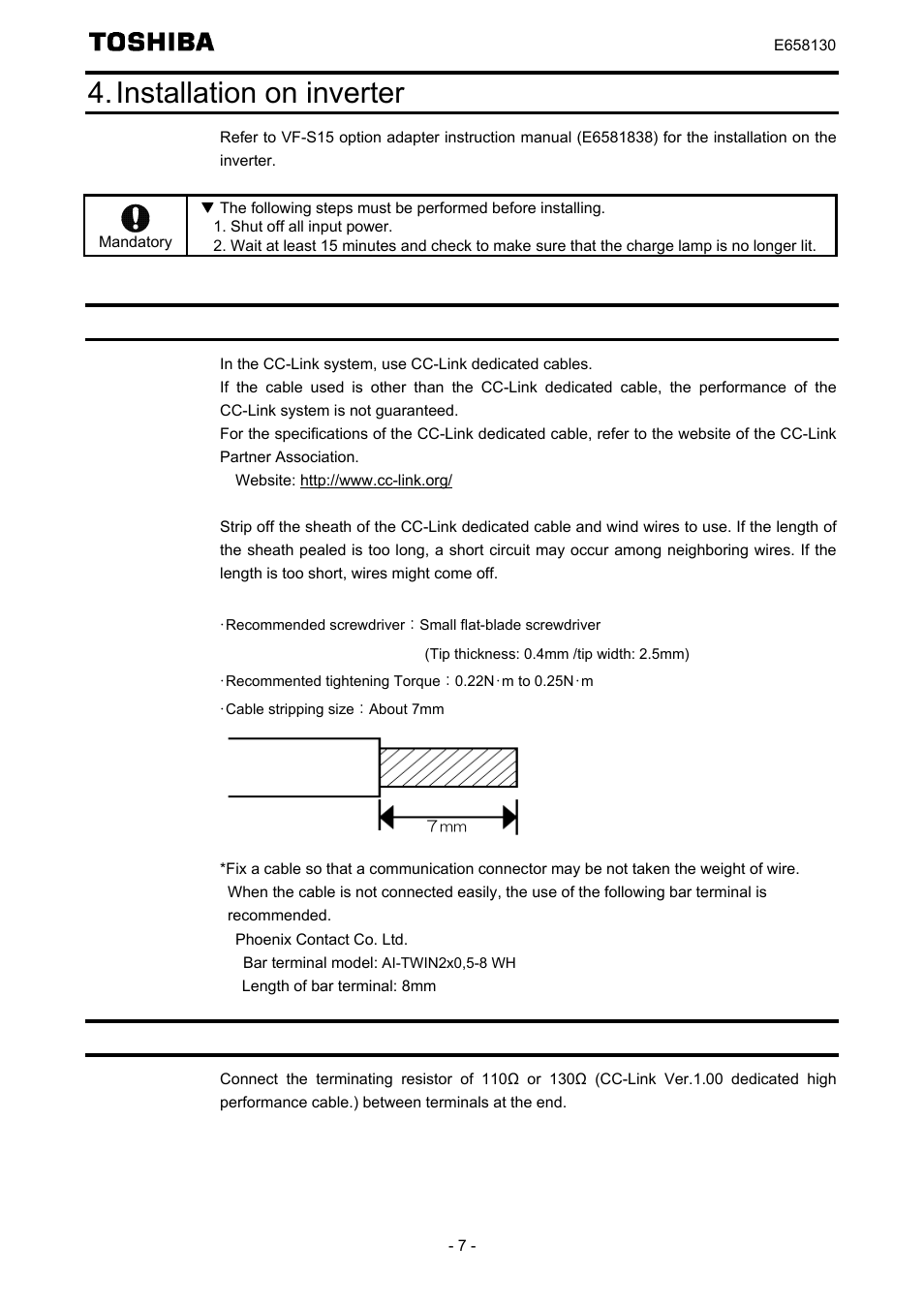 Installation on inverter, Connection cable, Terminating resistor | Toshiba TOSVERT VF-S15 series option unit Function E6581830 User Manual | Page 8 / 51
