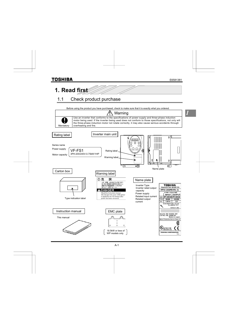 Read first, 1 check product purchase, Warning | Toshiba VF-FS1 User Manual | Page 13 / 252