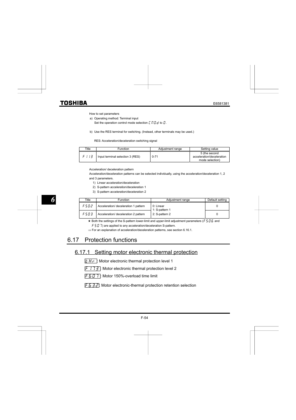 17 protection functions, 1 setting motor electronic thermal protection | Toshiba VF-FS1 User Manual | Page 150 / 252